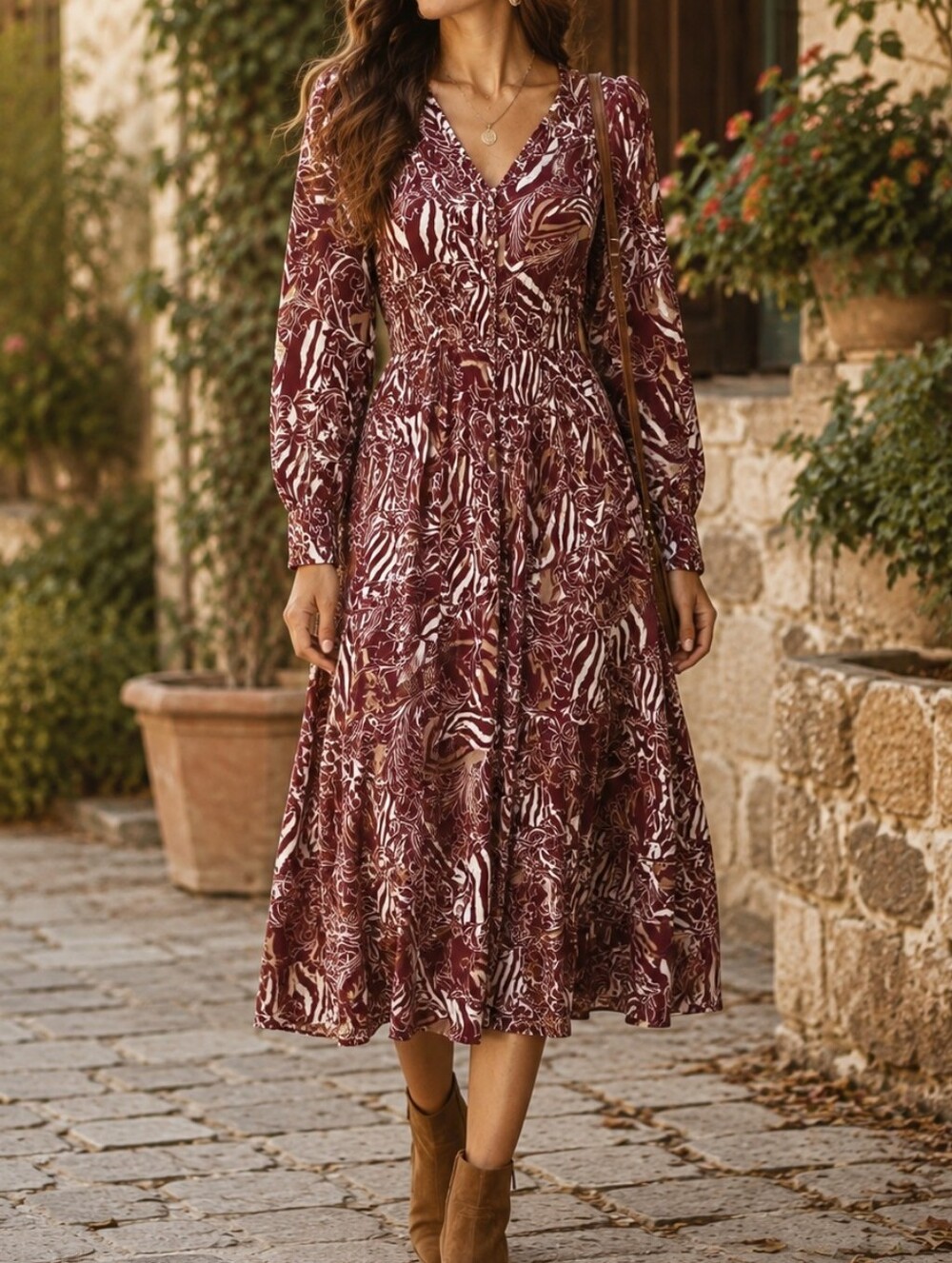 Conbipel Rose Taupe Printed V-Neck Long Sleeve Boho Midi Dress Fall Elegant